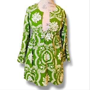 Sis Boom Bell Bottoms Green & White Floral V-Neck Print Tunic Top - Size Small